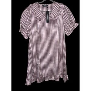 Allegra K Pink Gingham Peter Pan Collar Ruffle Babydoll Mini Dress XL NWT